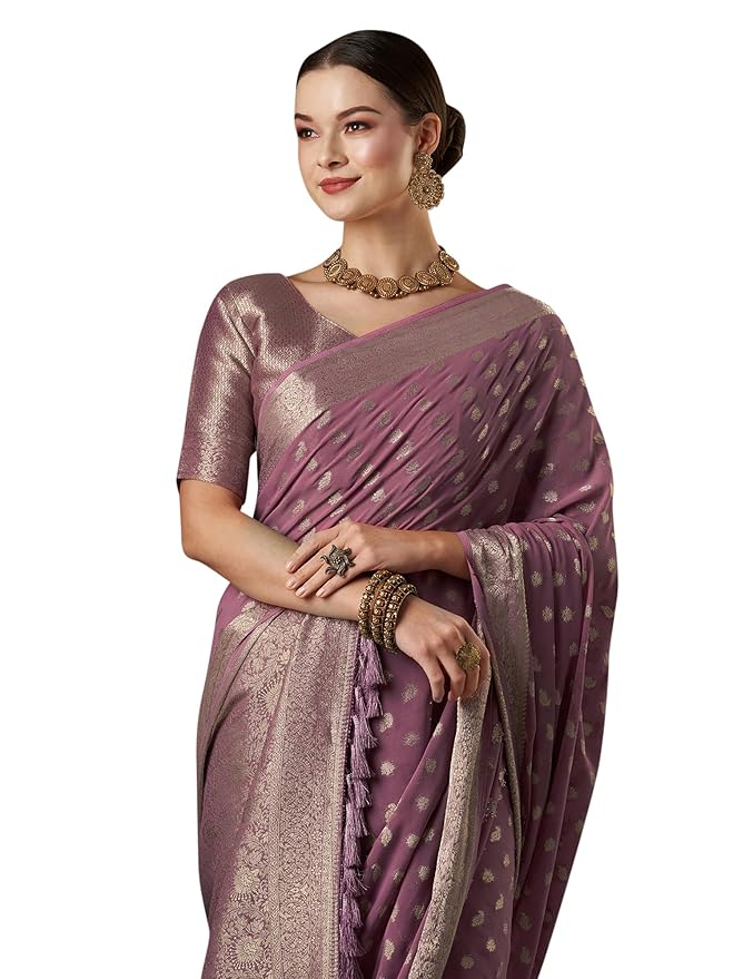 Georgette Saree for Women | Zari Border with Woven Ethnic Motif | Mauve