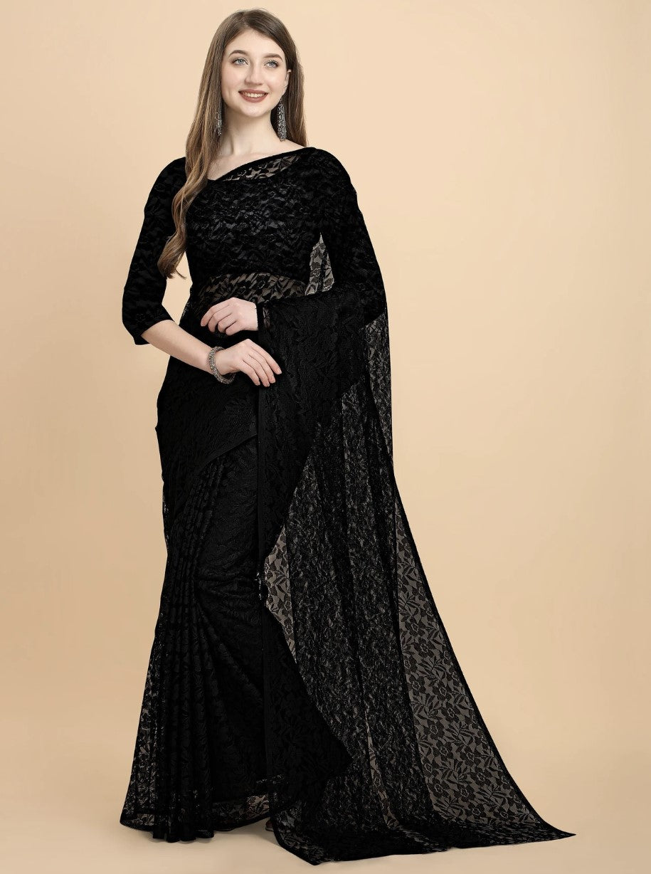 Black Net Saree for Women | Embellished Floral Patter with Net Blouse Piece