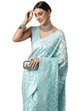 Cotton Silk Saree for Women | Woven Striped Design | Blue color with Matching Blouse