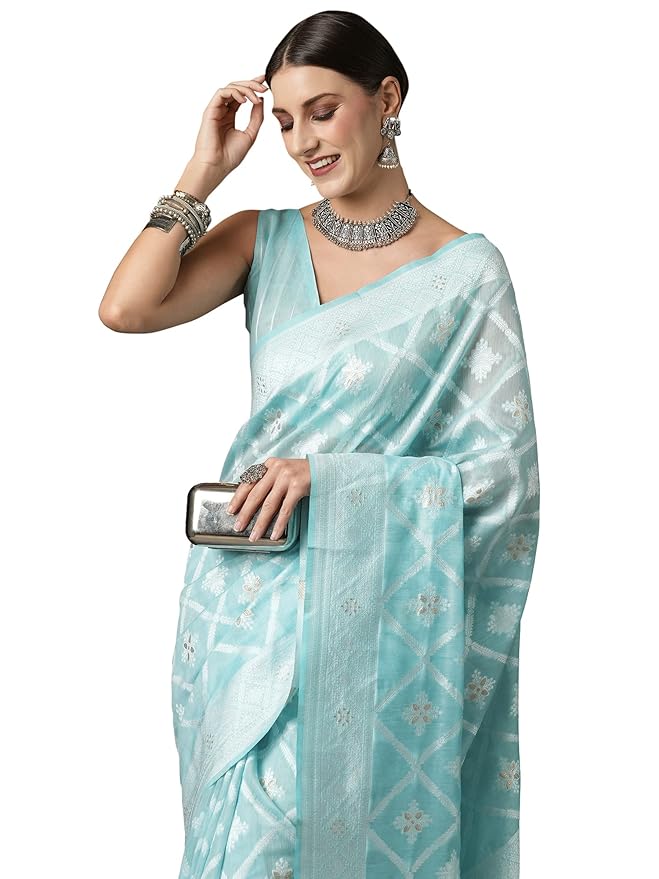 Cotton Silk Saree for Women | Woven Striped Design | Blue color with Matching Blouse