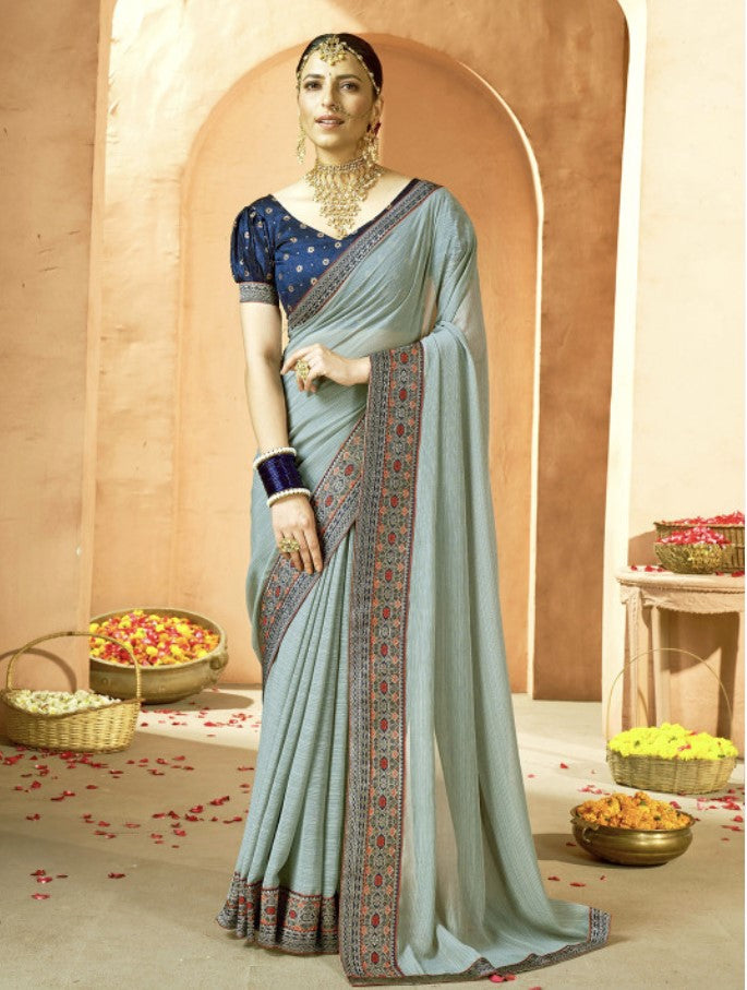 Pure Gray Georgette Saree for Women | Zari Woven Border