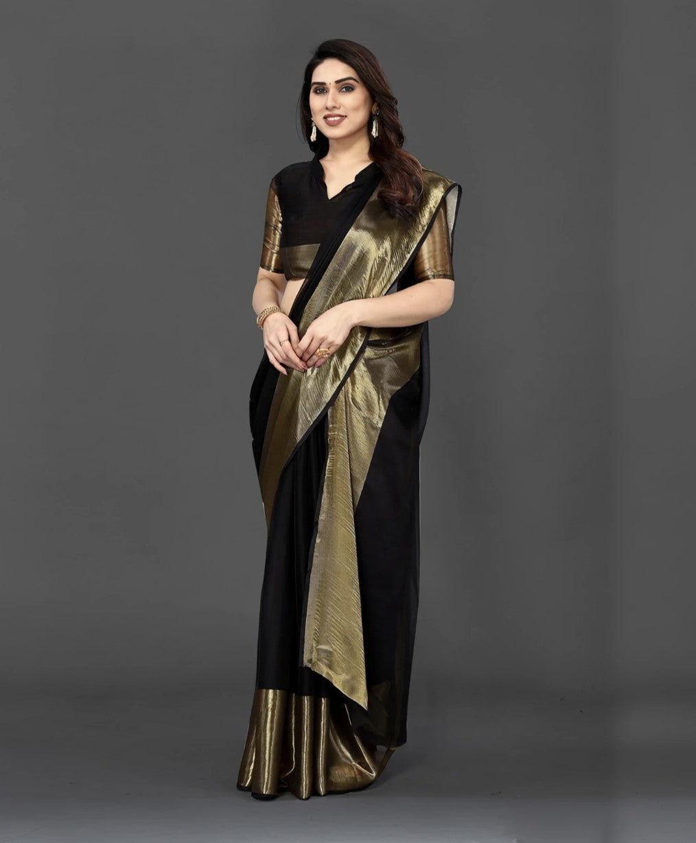 Black Chiffon Saree for Women | Golden Patta Striped Design