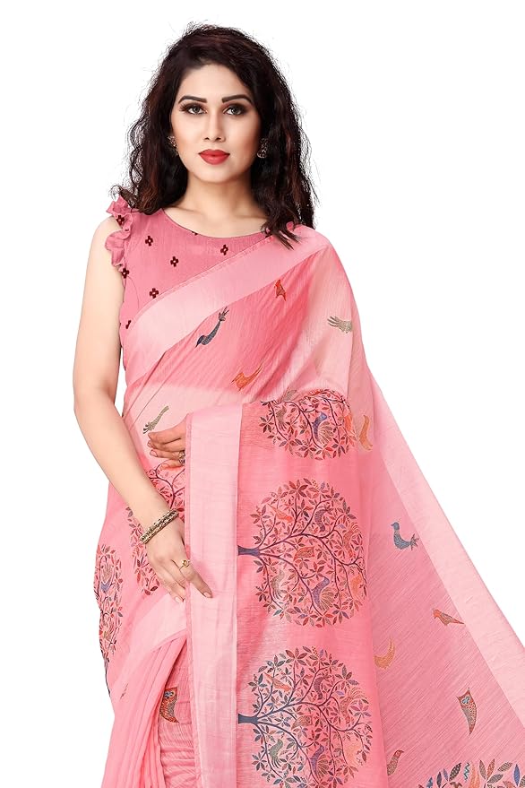 Cotton Blend Saree for Women | Madhubani Forest Print with Satin Woven Border | Light Coral