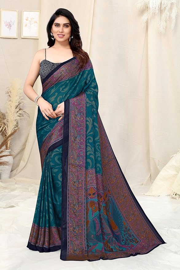 Printed Chiffon Saree for Women | Contrast Border | Peacock Pallu