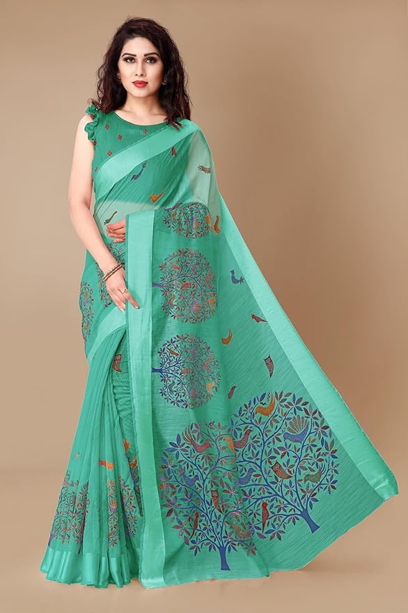 Cotton Blend Saree for Women | Madhubani Forest Print with Satin Woven Border | Teal