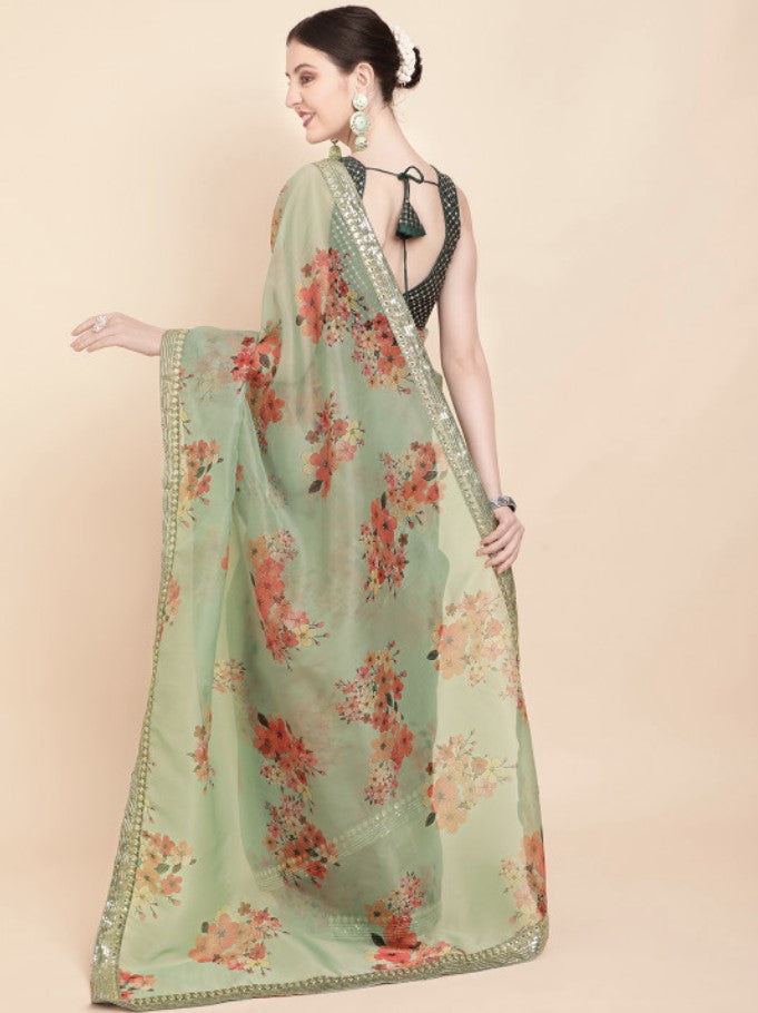 Olive Green and Red Organza Saree for Women | Floral Embellished Design with Sequins