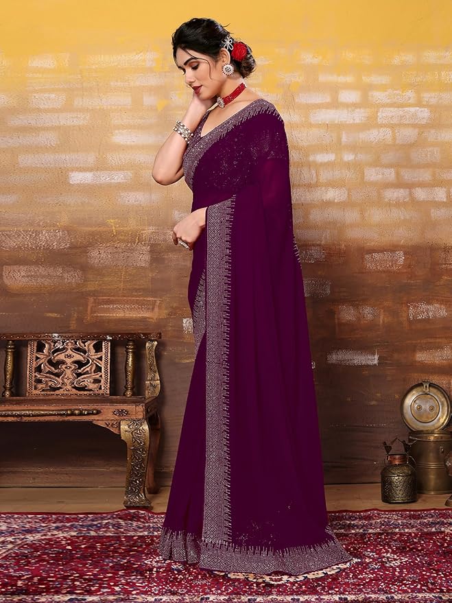 Georgette Saree for Women | Hot Fixing Design | Wine with Matching Blouse