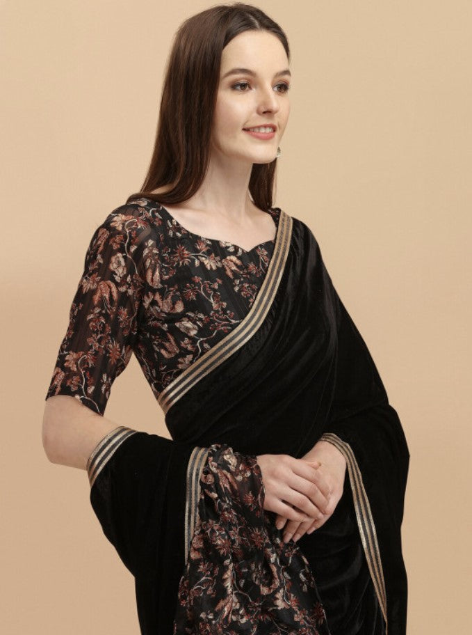 Black Velvet Saree for Women | Floral Print with Gotta Patti Work