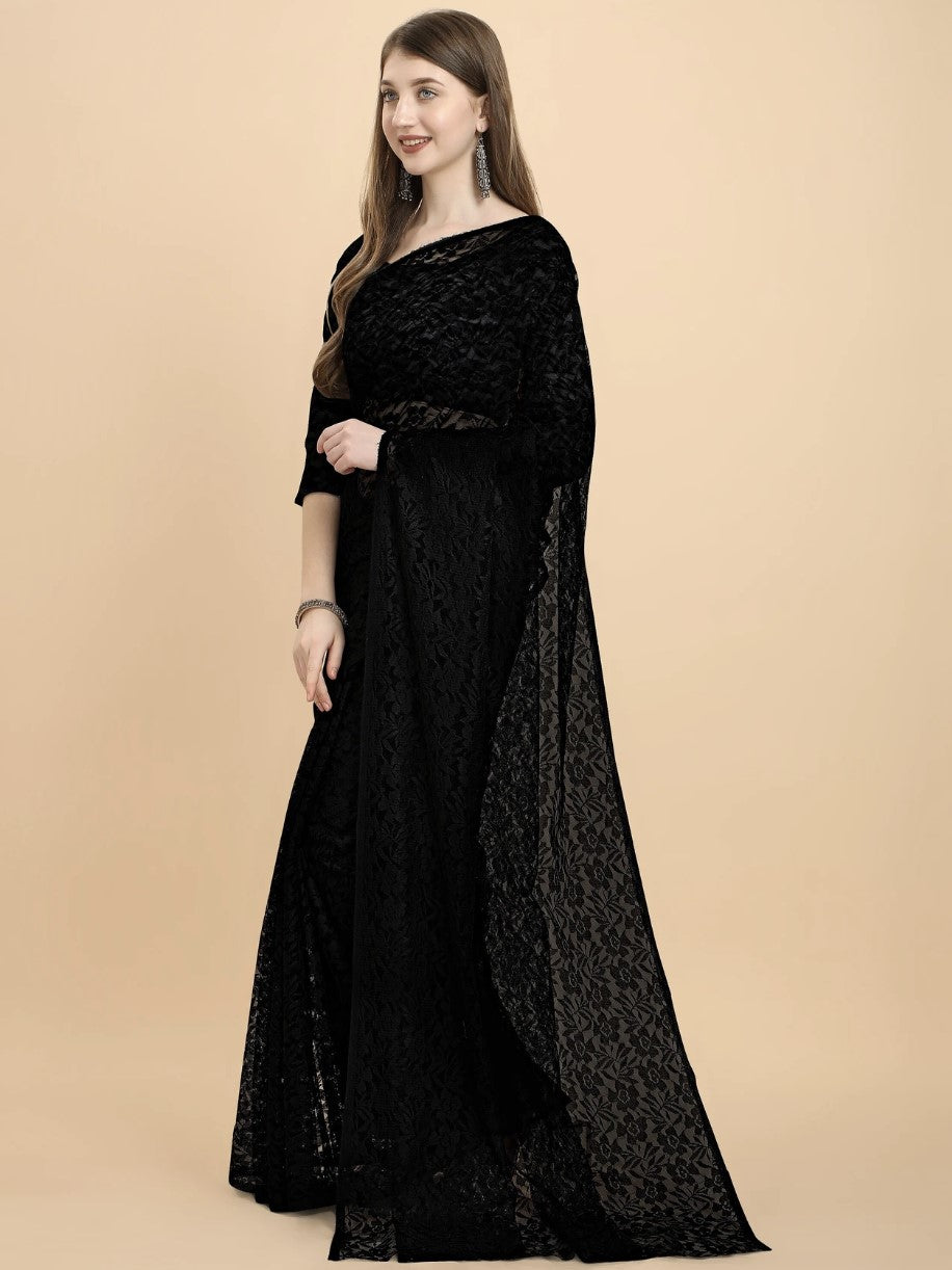 Black Net Saree for Women | Embellished Floral Patter with Net Blouse Piece