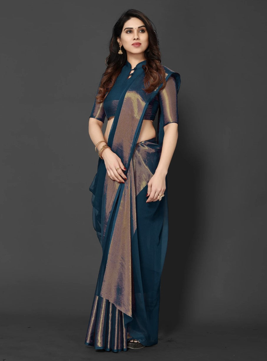 Peacock Blue Chiffon Saree for Women | Golden Patta Striped Design