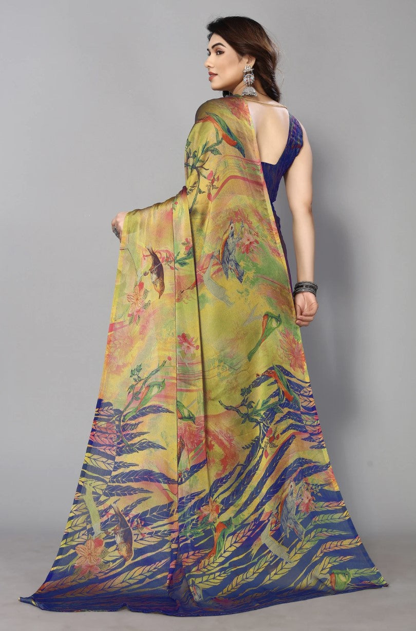 Royal Blue Chiffon Georgette Saree for Women | Floral Printed Design