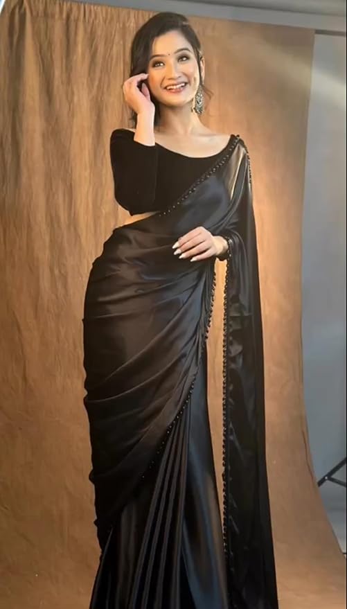 Ready to Wear Satin Silk Black Saree for Women | Embroidered Design with Velvet Blouse