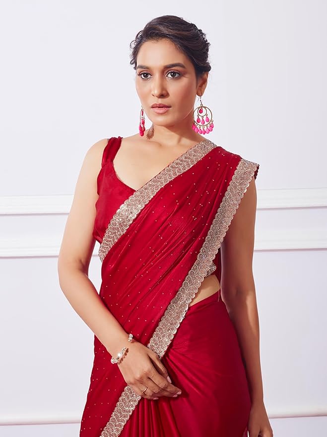 Organza Ruffle Frill Saree for Women | Crush Pattern with Sequence Work | With Blouse Piece