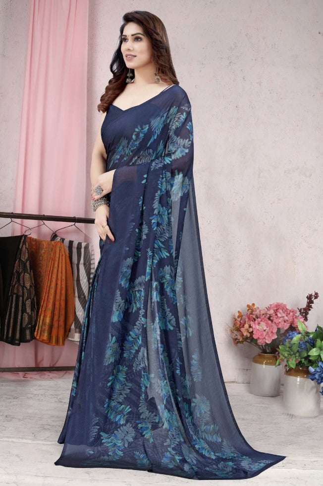 Blue Chiffon Saree for Women | Floral Printed Design with Chiffon Blouse Piece