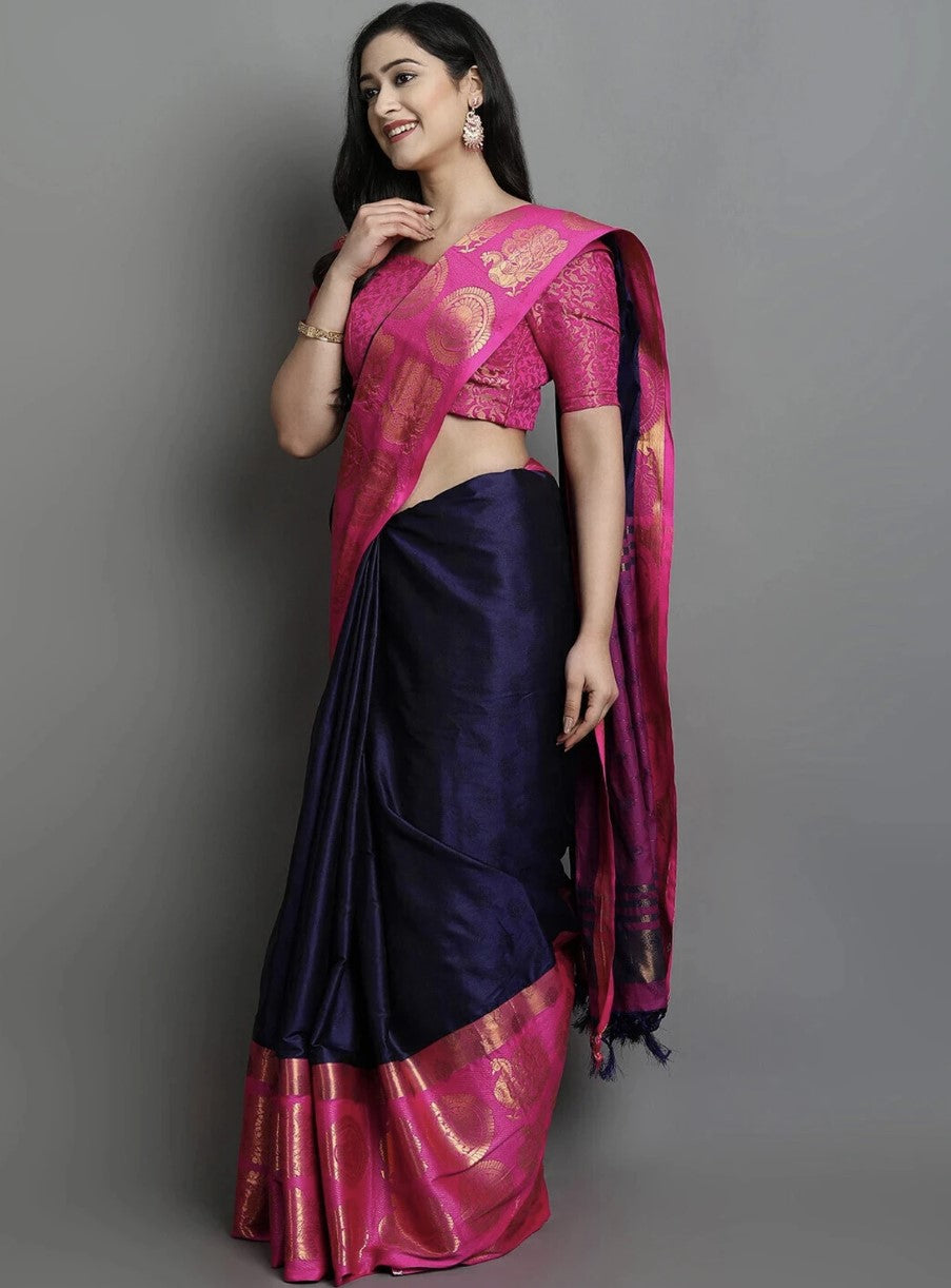 Navy Blue Kanjivaram Cotton Silk Saree for Women | Temple Border Woven Design
