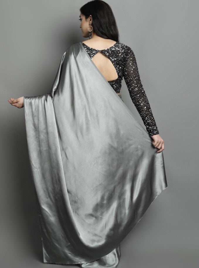 Gray Satin Saree for Women | Sequined Solid Design