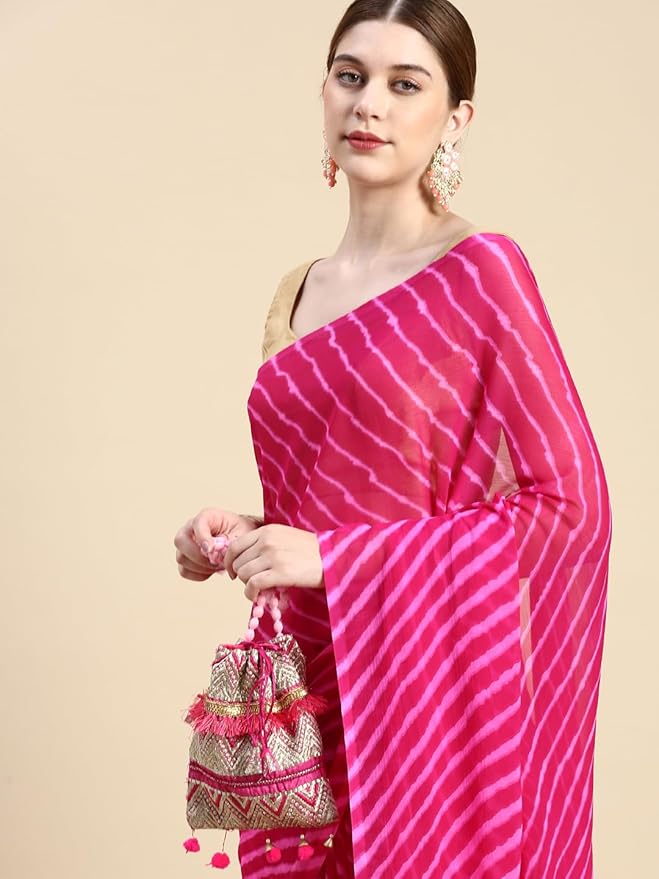 Chiffon Saree for Women | Printed Striped Design with Tassels | Rani Pink
