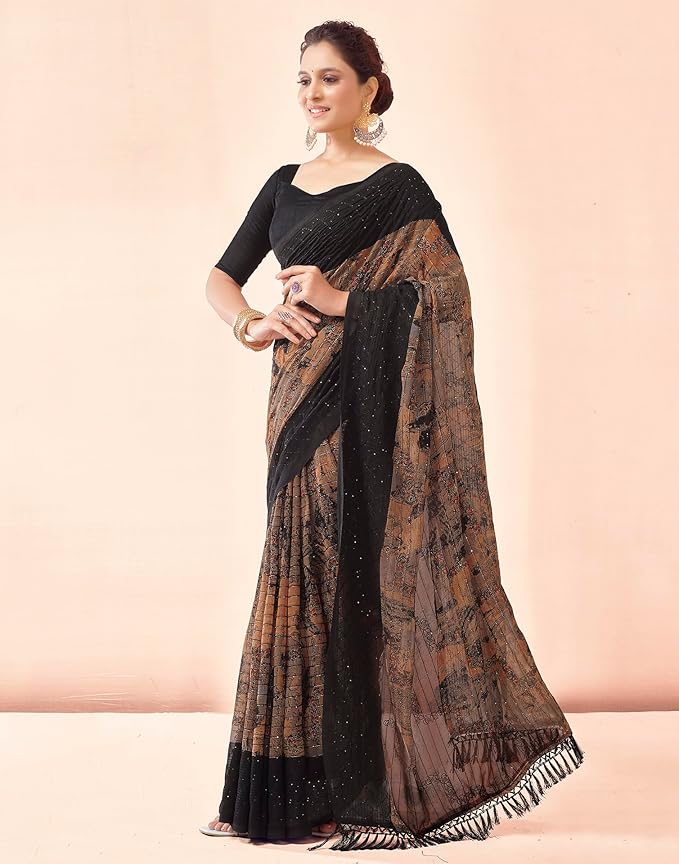Georgette Saree for Women | Printed Sequence Work | Black with Banglori Silk Blouse