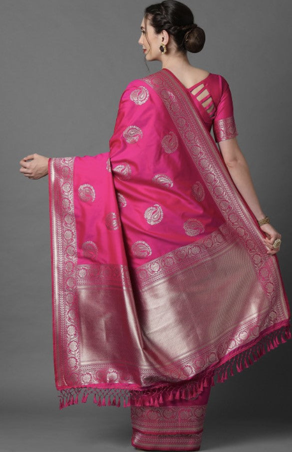Banarasi Silk Blend Saree for Women | Pink and Silver | Paisley Woven Design