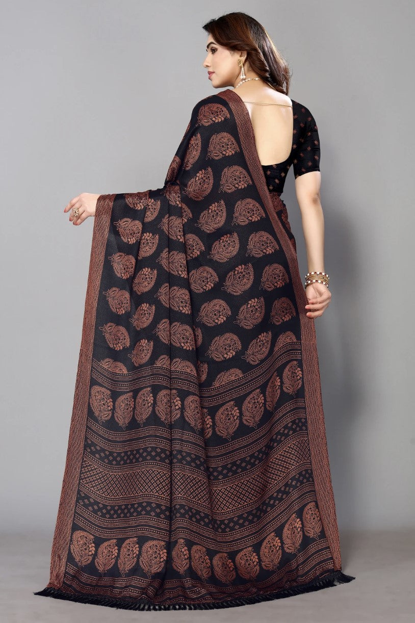 Black Chiffon Georgette Saree for Women | Floral Block Print Design