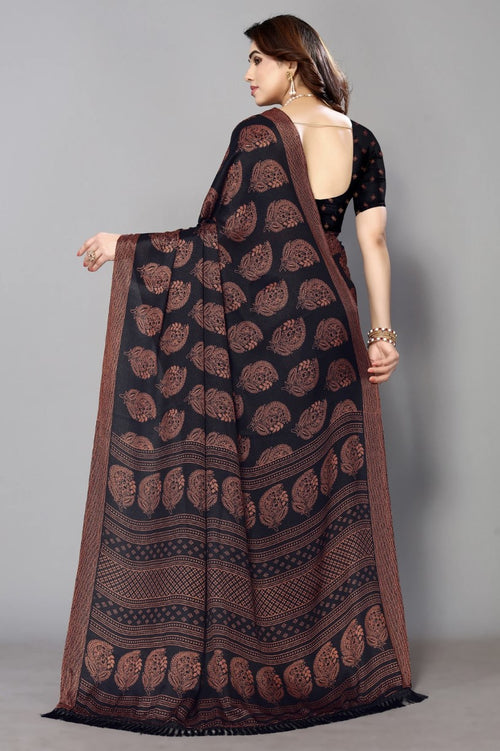 Black Chiffon Georgette Saree for Women | Floral Block Print Design