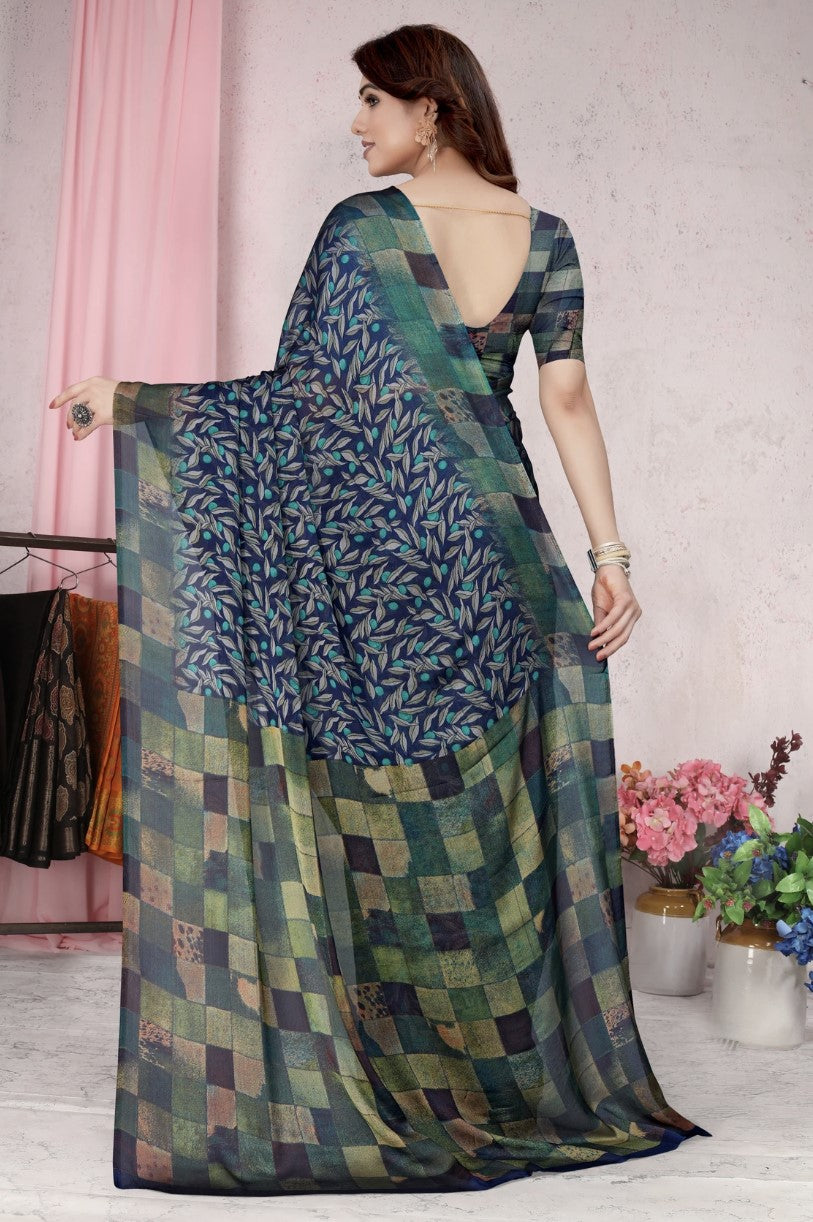 Dark Blue Chiffon Saree for Women | Botanical Printed Design