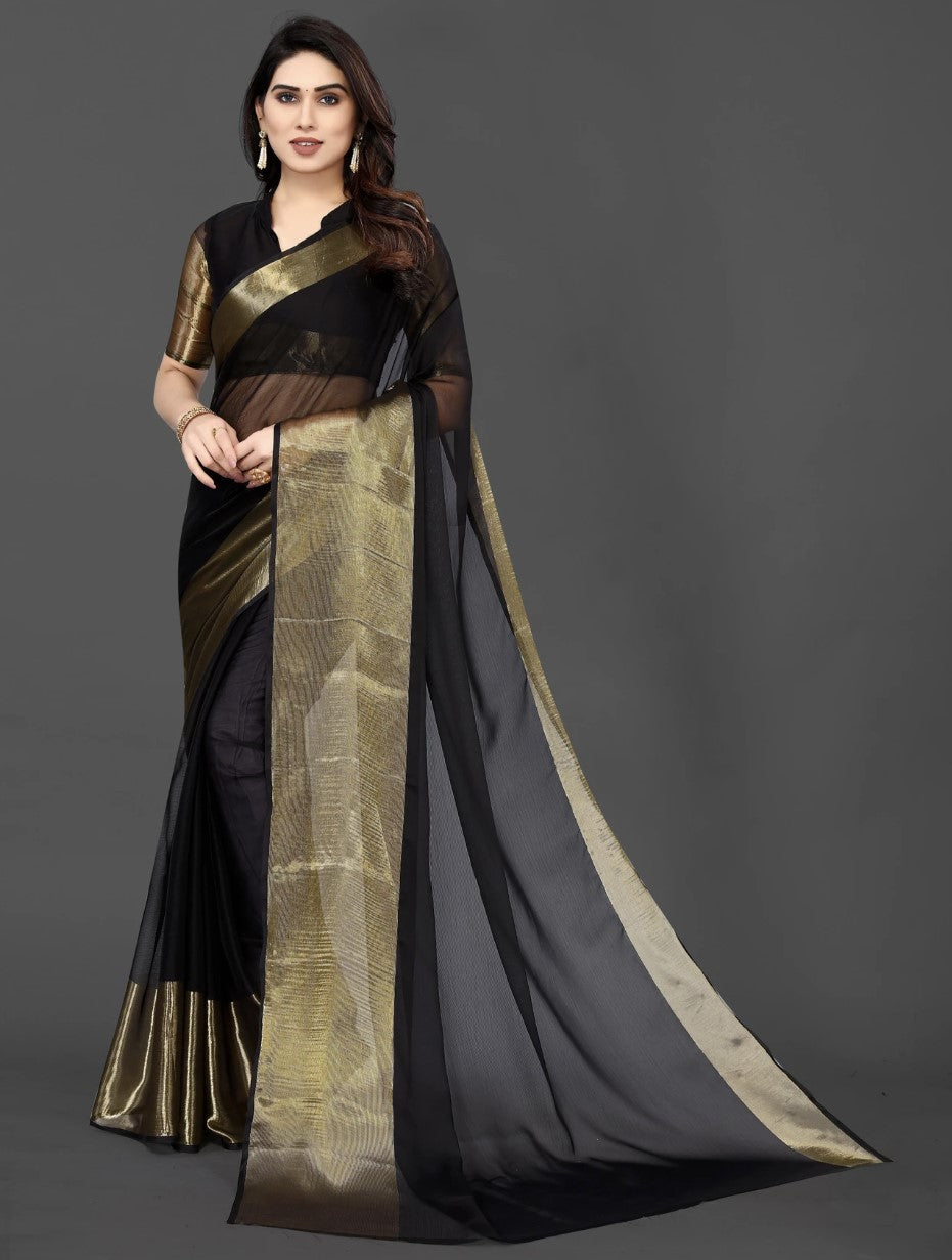 Black Chiffon Saree for Women | Golden Patta Striped Design