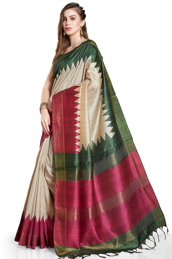 Tussar Silk Printed Saree for Women |Beige and Magenta | Zari Border with Tassels