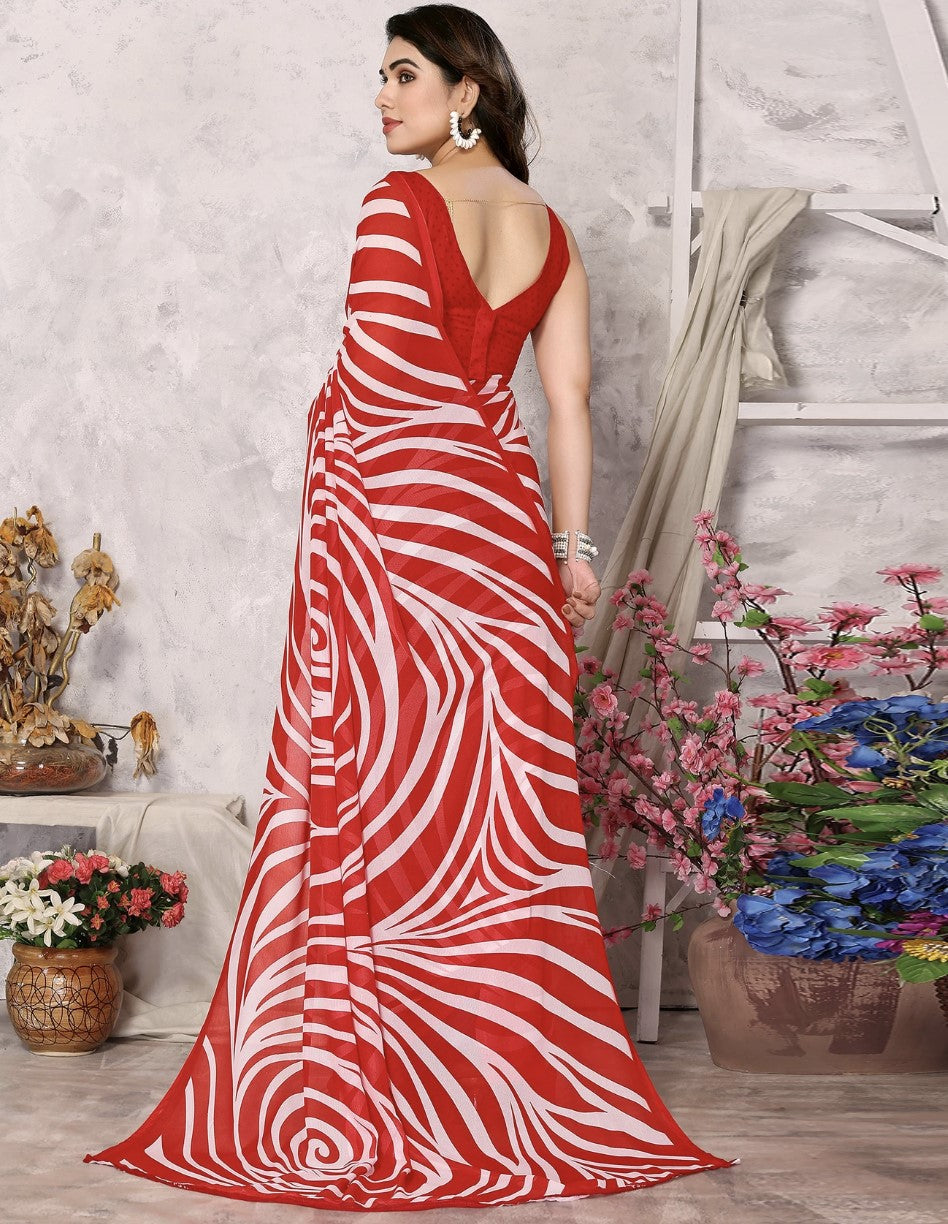 Red and White Georgette Saree for Women | Floral and Geometric Printed Design