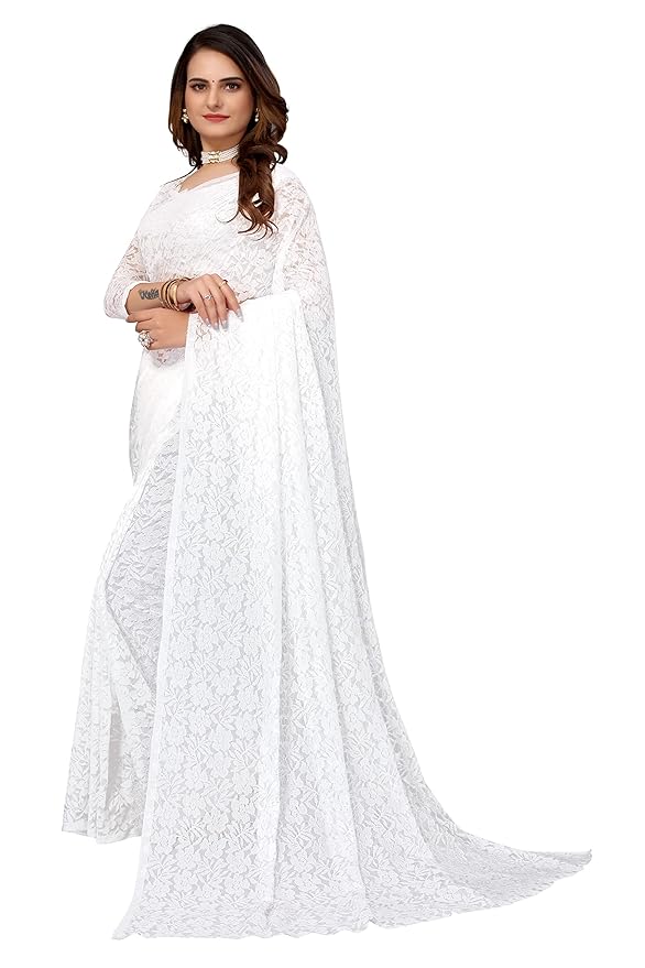 Net Saree for Women | Floral Lace Design | With Blouse Piece