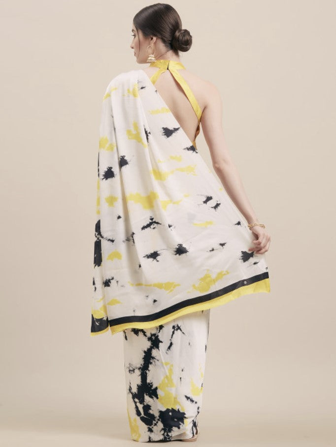 White and Yellow Satin Saree for Women with Printed Border