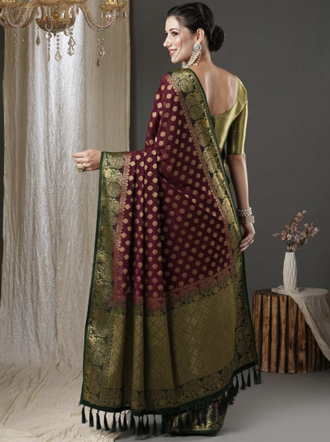 Kanjeevaram Pure Georgette Saree for Women | Burgundy and Green