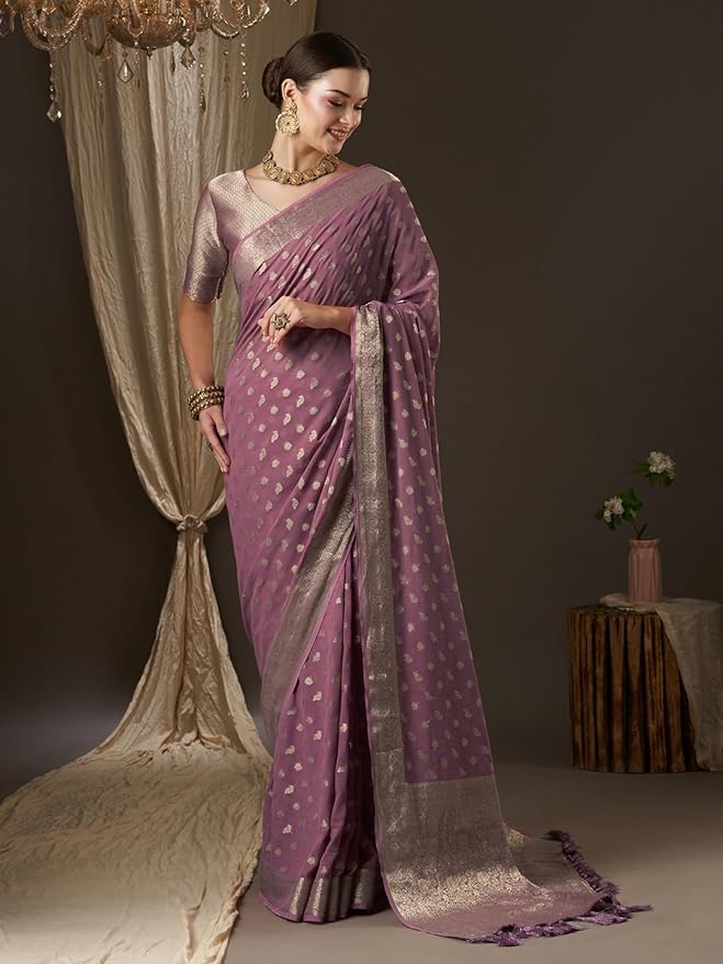 Georgette Saree for Women | Zari Border with Woven Ethnic Motif | Mauve