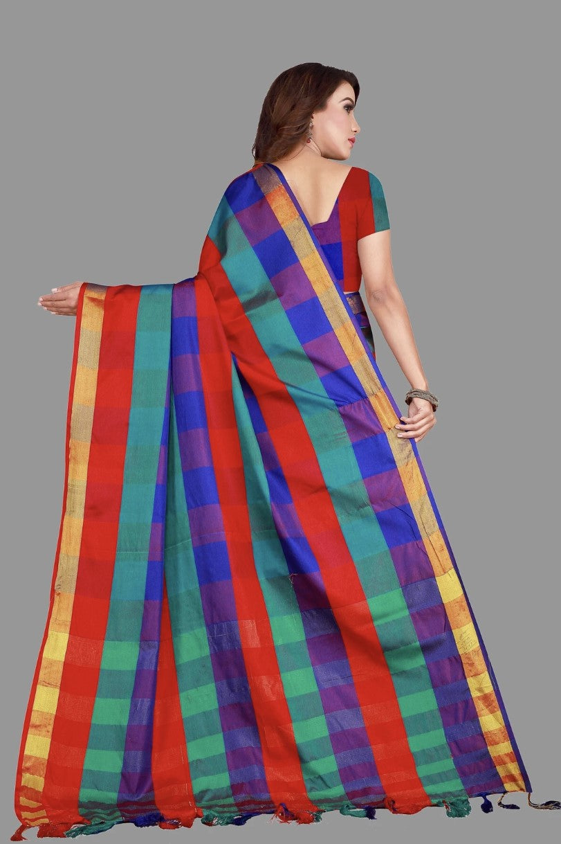 Multicolor Cotton Silk Saree for Women | Checkered Design with Gold Border