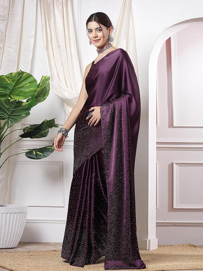 Satin Silk Saree for Women | Hot Fixing Design | Wine with Matching Blouse