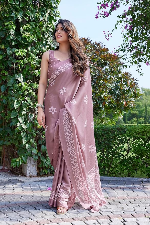 Printed Chiffon Saree for Women | Batik Block Print Design | Pink and White