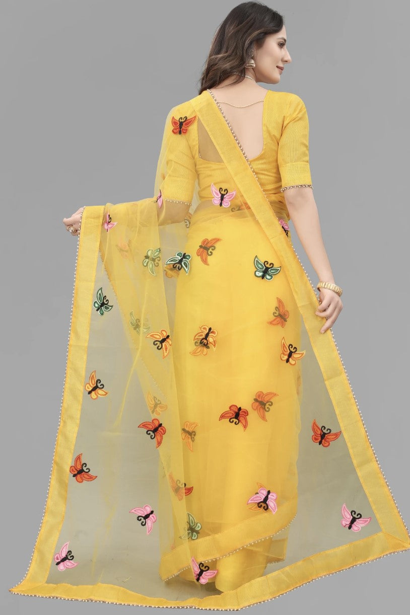 Yellow Net Saree for Women | Butterfly Applique Embroidery with Lace Border