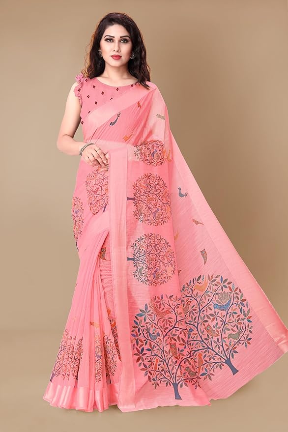 Cotton Blend Saree for Women | Madhubani Forest Print with Satin Woven Border | Light Coral