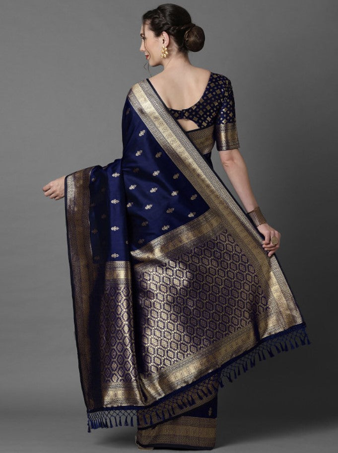 Navy Blue and Gold Banarasi Silk Blend Saree for Women
