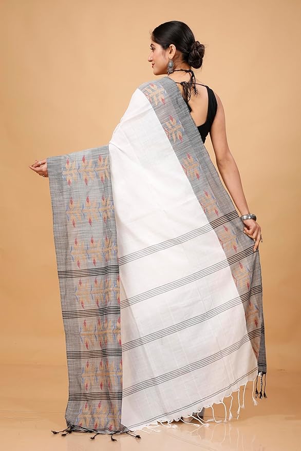 Begampuri Handloom Cotton Saree for Women | Traditional Weave | White with Blouse Piece
