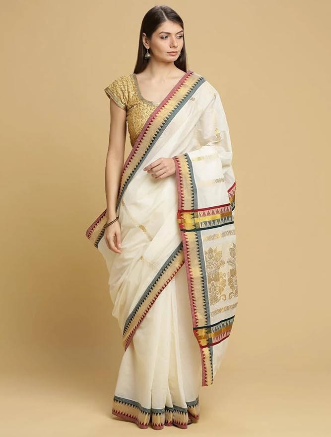 Cotton Kasavu Saree for Women | Traditional Tower Border | With Blouse Piece