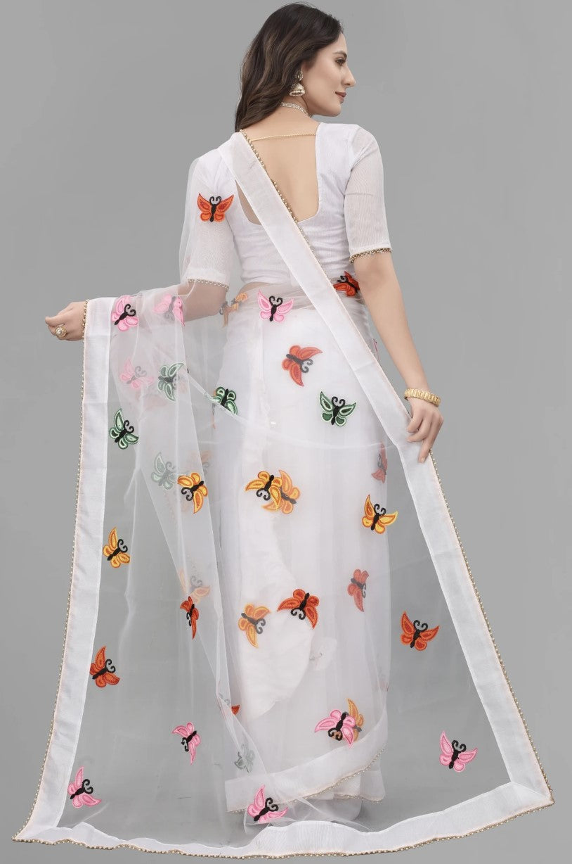 White Net Embroidery Saree for Women with Lace Border | Art Silk Blouse Piece