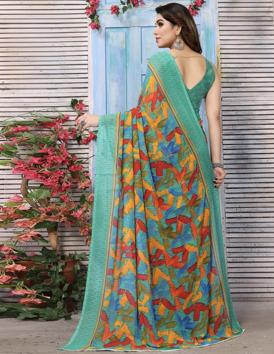 Green Georgette Saree for Women | Printed Floral Botanical Design