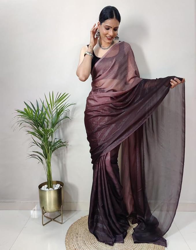 Ready to Wear Georgette Saree for Women | Zari Patta Draped Style | Mauve with Black Blouse