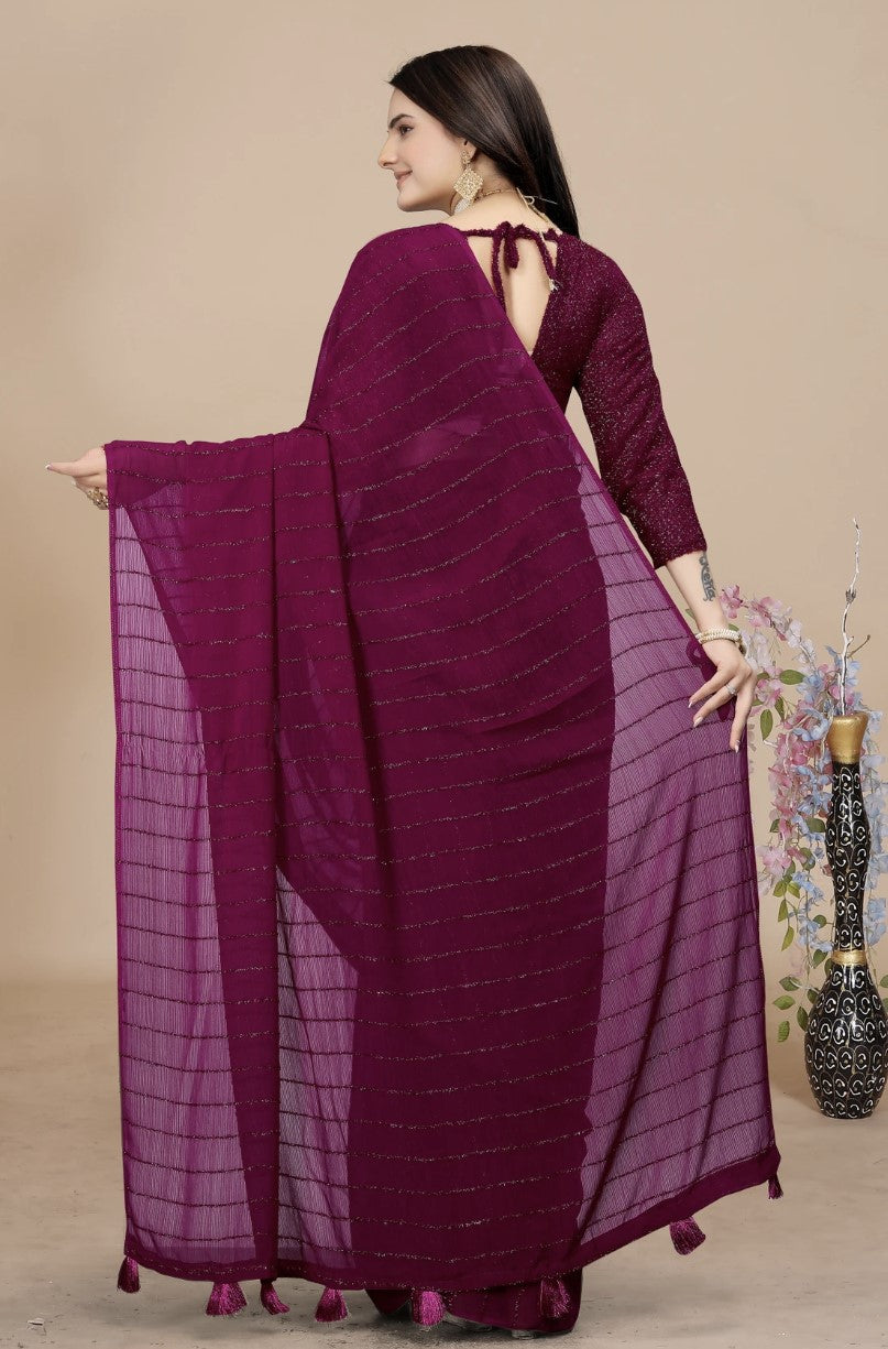 Wine Chiffon Saree for Women | Ruffle Border Self Design
