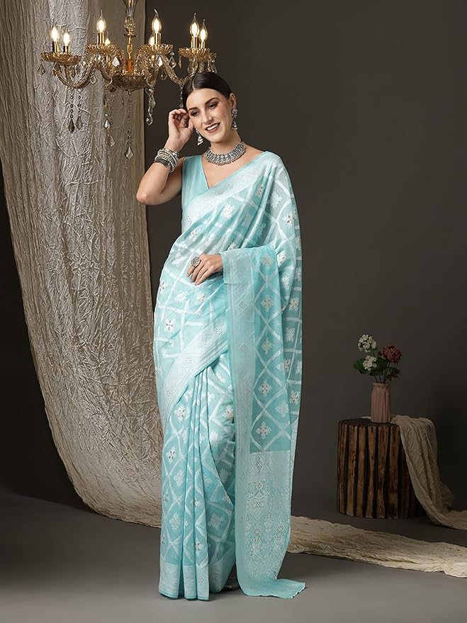 Cotton Silk Saree for Women | Woven Striped Design | Blue color with Matching Blouse