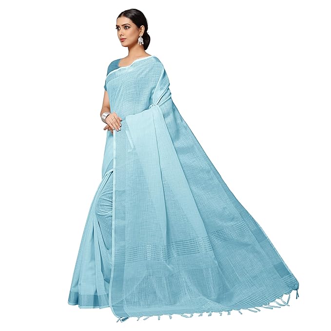 Linen Jacquard Saree for Women | Zari Border Solid Design | With Blouse Piece