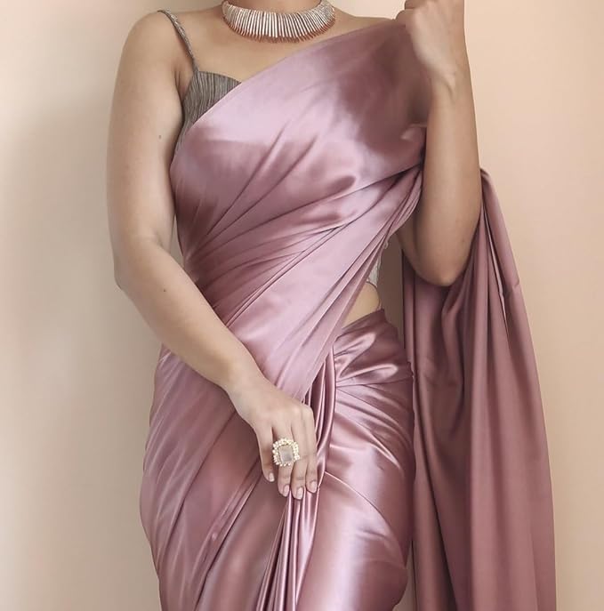 Ready to Wear Satin Silk Saree for Women | Pre Pleated with Belt | Solid Design