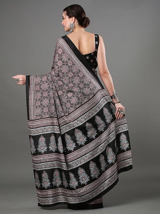 Dola Silk Saree for Women | Ajrak Block Print Design | Black with Floral Blouse