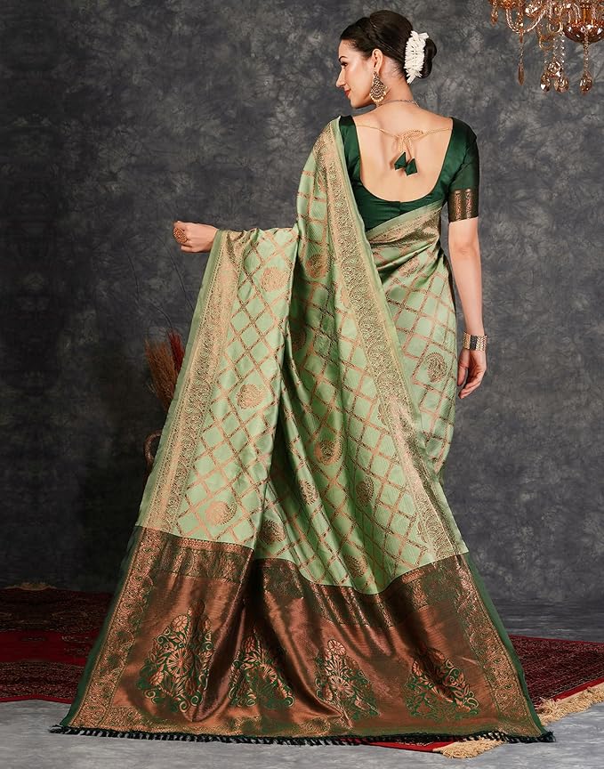 Silk Jacquard Saree for Women | Traditional Woven Design | Pista Green with Dark Green Blouse